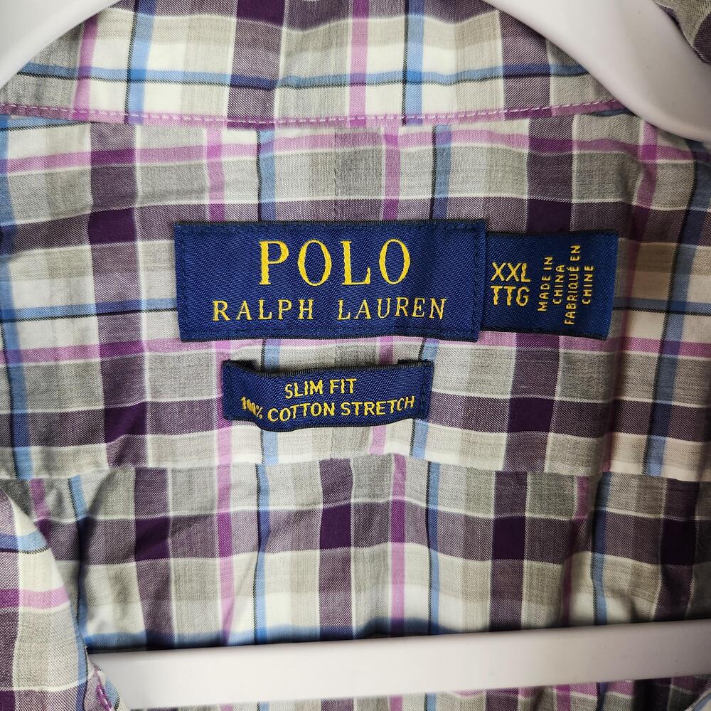 Polo Ralph Lauren Shirt Mens 2XL Purple Gray Plaid Slim Fit Button Down Preppy